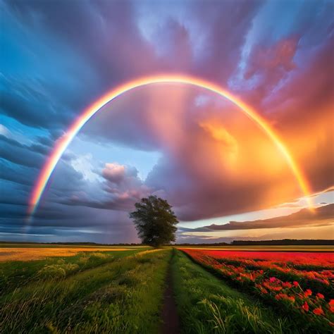 A Rainbow Is Over A Field Of Tulips And The Rainbow Is In The Sky