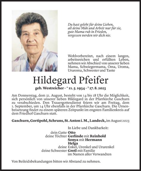 Todesanzeigen Von Hildegard Pfeifer Todesanzeigen Vorarlberger