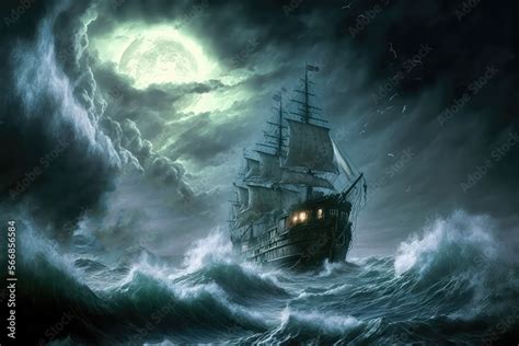 Illustrazione Stock Pirate Ship Navigating During A Storm Thunder