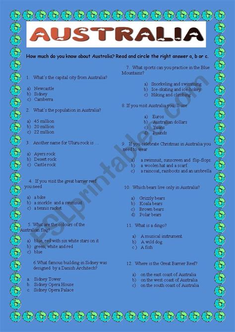 Australia Quiz Esl Worksheet By Evafer