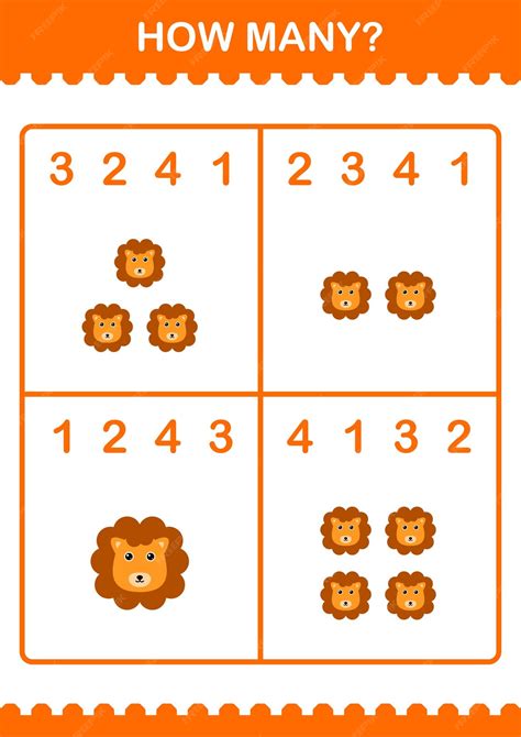 Premium Vector | How many lion face worksheet for kids