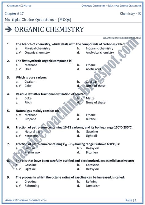 Adamjee Coaching Organic Chemistry Mcqs Chemistry Ix