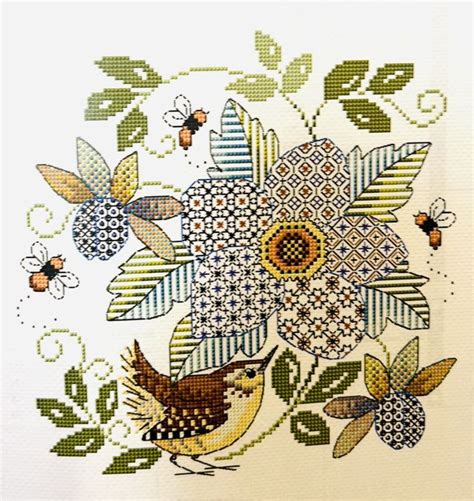 Blackwork Flower With Wren By Lesley Teare In Cross Stitch