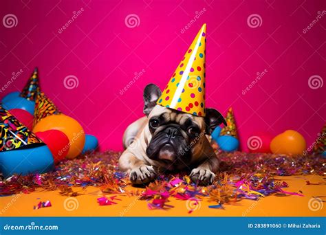 Funny And Friendly Cute French Bulldog Wearing A Birthday Party Hat In