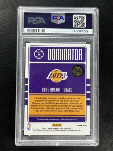 2016 17 Panini Donruss Optic Kobe Bryant Dominator Gold Auto 10 PSA 9