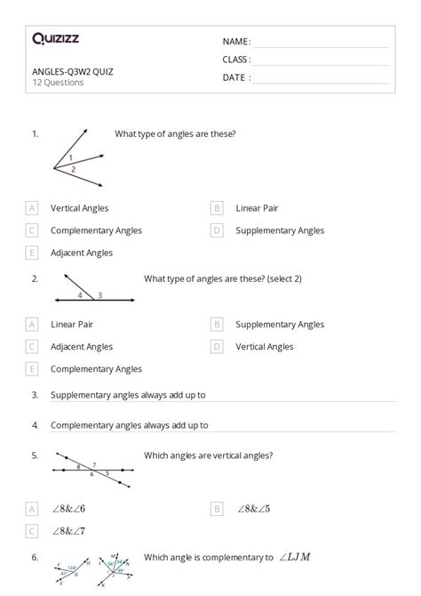 50 Complementary Supplementary Vertical And Adjacent Angles Worksheets For 7th Grade On