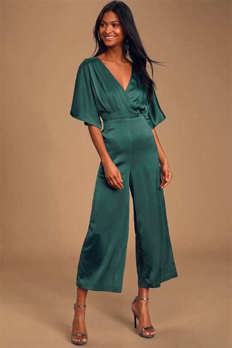 Kiss Me Now Emerald Green Satin Short Sleeve Wide Leg Jumpsuit Rompers Dressy Wide Leg