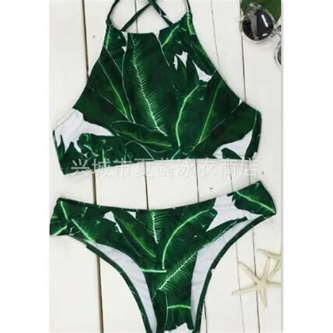 2017 New Sexy Two Pieces Swimsuit Women Girls Green Leaf Bikini Women