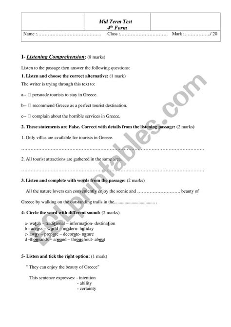 Mid Term Test Th Form Esl Worksheet By Assaad