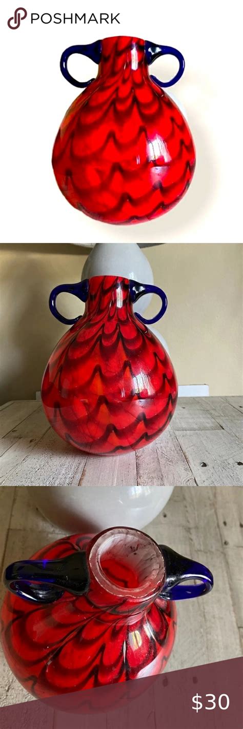 Art Glass Blown Pier One Jug Vase Large Red With Blue Handles And