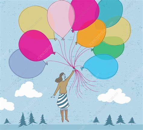 Floating Woman Holding Bunch Of Balloons Illustration Stock Image