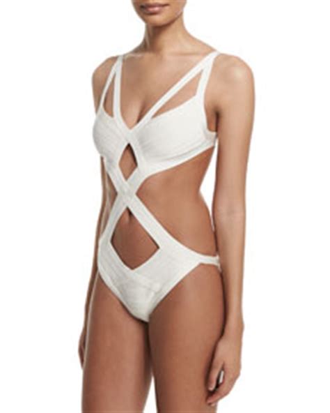 Herve Leger Cutout Bandage One Piece Monokini Swimsuit Alabaster