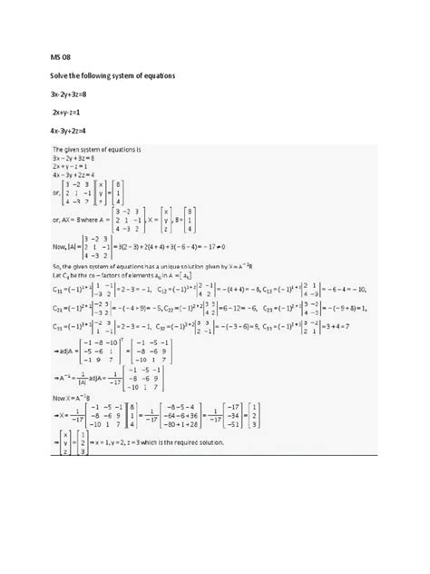 Ms 08 Solve The Following System Of Equations 3x 2y 3z 8 2x Y Z 1 4x 3y 2z 4 Pdf