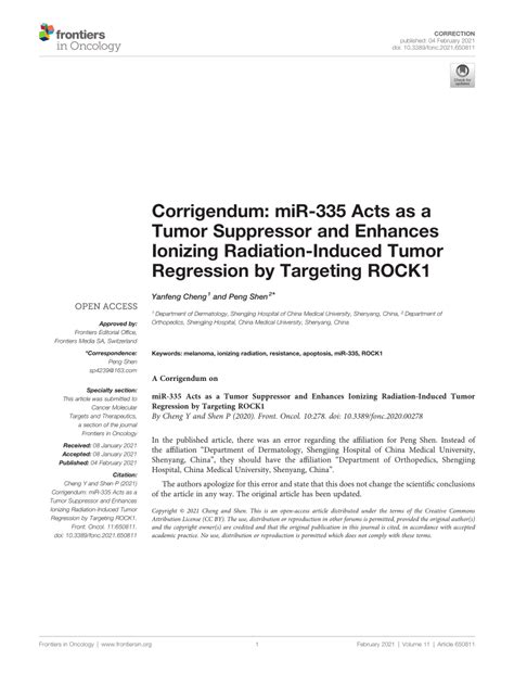 Pdf Corrigendum Mir Acts As A Tumor Suppressor And Enhances