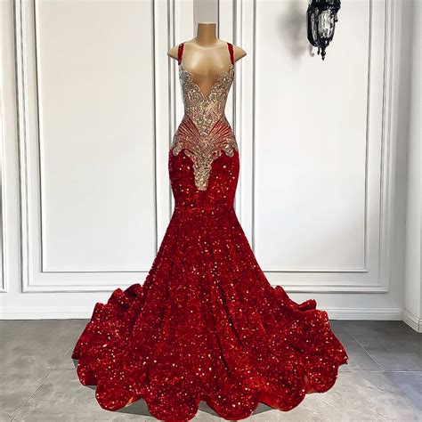 Gorgeous Long Prom Dresses 2024 Mermaid Style Luxury Sparkly Silver Crystals Red Sequin Black