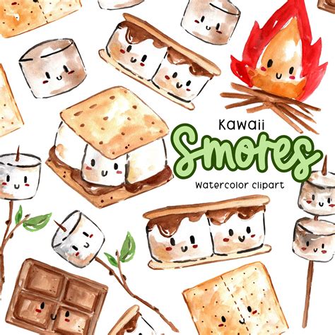 Watercolor Smores Clipart Kawaii Camping Kawaii Smores Marshmallows