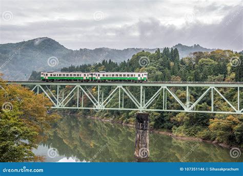 Tadami River with Bridge and Train Stock Photo - Image of tadami ...