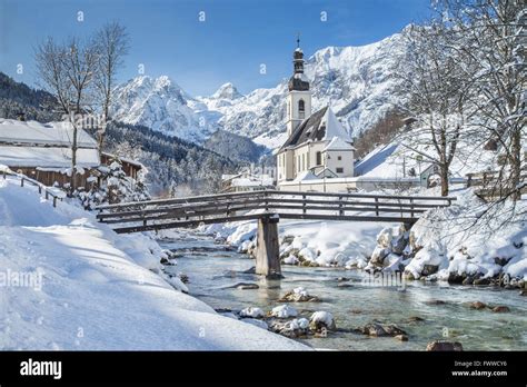 Classic View Of Famous Church Of Ramsau In Winter Berchtesgadener