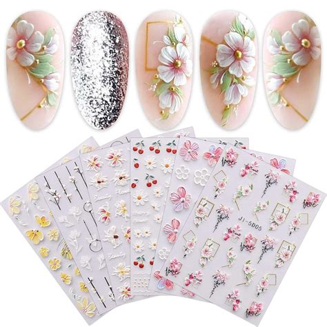 3d Embossed Flower Nail Stickers 6 Sheets 5d Self Adhesive