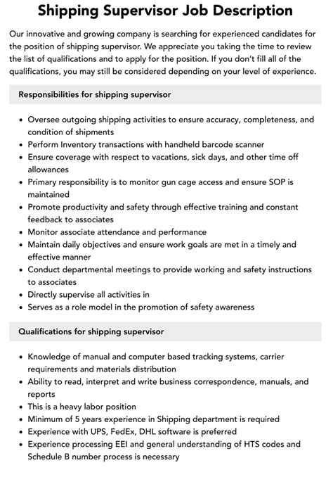 Shipping Supervisor Job Description Velvet Jobs