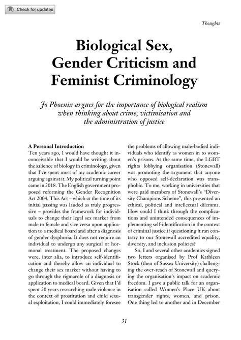 Biological Sex Gender Criticism And Feminist Criminology Jo Phoenix