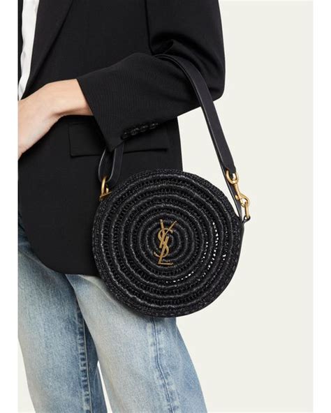 Saint Laurent Ysl Monogram Round Shoulder Bag In Raffia In Black Lyst