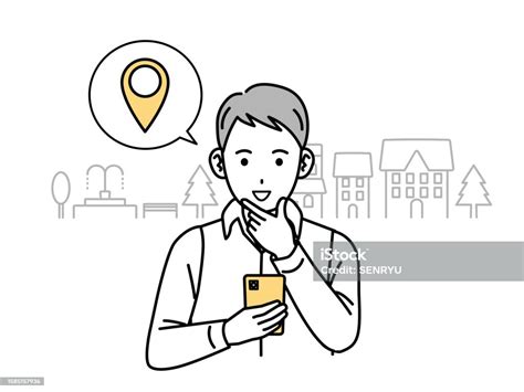 Young Man Checking His Location On His Smartphone Stock Illustration