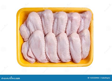 Raw And Uncooked Chicken Wings In A Yellow Container Meat Of Poultry