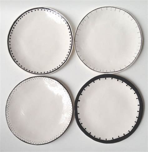 Set of 4 Dinner Plates Black & White Ceramic Wabi Sabi