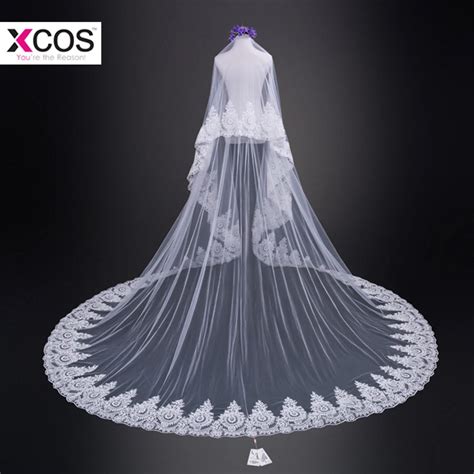 Ivory Lace Applique 35m Long Cathedral Wedding Veils With Comb 2018 Gorgeous Tulle Two Layer