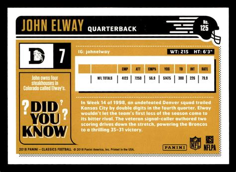 Panini Classics Legends John Elway For Sale Online Ebay