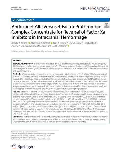 Pdf Andexanet Alfa Versus 4 Factor Prothrombin Complex Concentrate