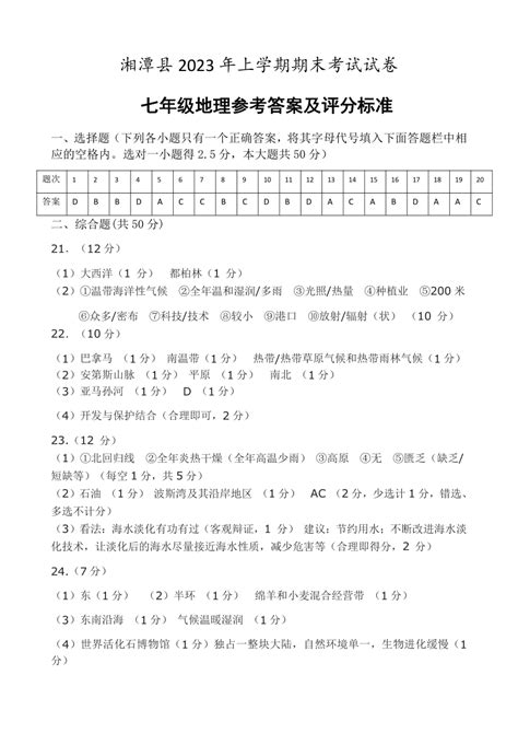 湖南省湘潭市湘潭县2022 2023学年七年级下学期期末地理试题（pdf版附答案） 21世纪教育网