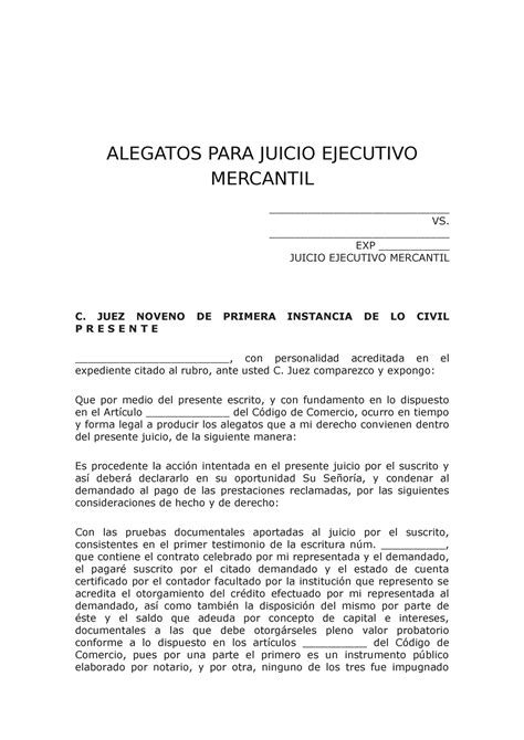 Modelo De Escrito De Alegatos En Juicio Ejecutivo Mercantil Doc Modelo