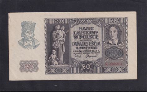 Drittes Reich Generalgouvernement 20 Zlotych 1940 Ro575zwk 30