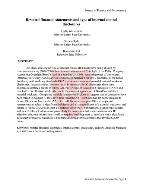 Fillable Online Restated Financial Statements And Type Of Internal Control Disclosures Fax Email