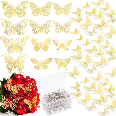 Amazon Dicunoy 296 PCS Flower Bouquet Pins 3D Gold Butterfly Wall