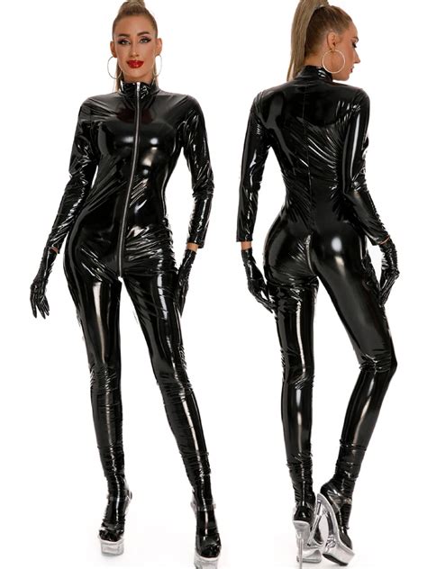 Wet Look Pvc Catsuit Long Sleeve Two Way Zipper Open Crotch Bodysuit