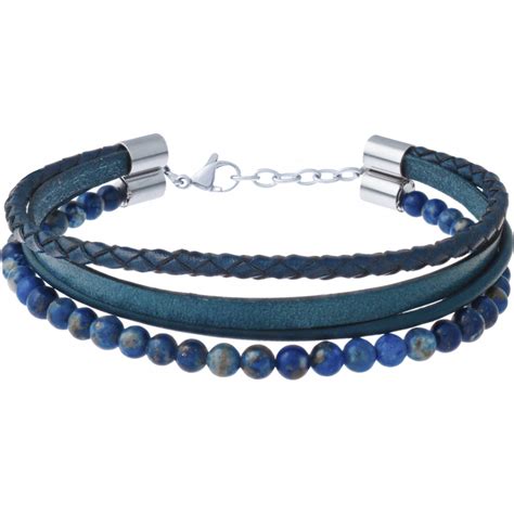 Bracelet acier 4 rangs cuir bleu italien tressé lisse et brins