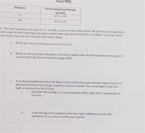 Solved Final Frq Element First Lonization Energy Mol Chegg