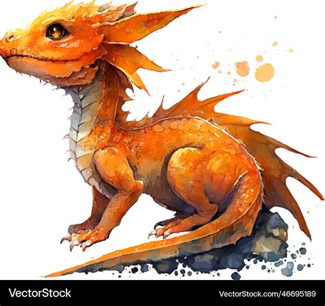 Watercolor red orange little cute baby dragon Vector Image