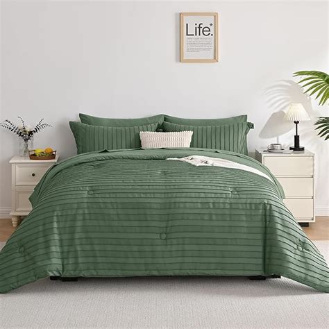 Amazon JELLYMONI Queen Comforter Set 3 Pieces Green Striped