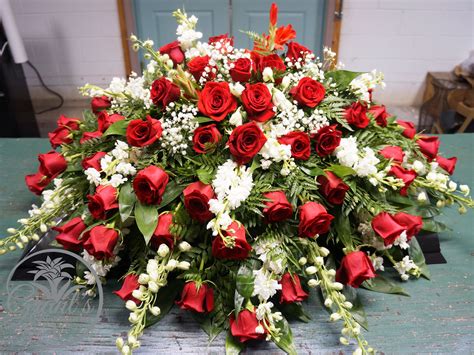 Casket Spray Red Roses White Delphinium And Other Flowers Funeral