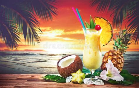 Pina Colada Fresh Cocktail Drink Served On The Beach At Sunset Stock Image Image Of Dusk