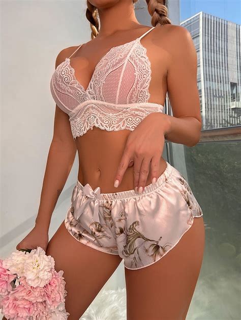 Floral Print Contrast Lace Lingerie Set Shein Usa