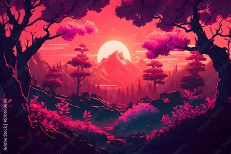 Beautiful forest landscape with a sunset synthwave style | Ai Generated ...