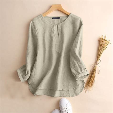 ZANZEA Women O Neck Long Sleeve Cotton T Shirt Solid Color Loose Blouse