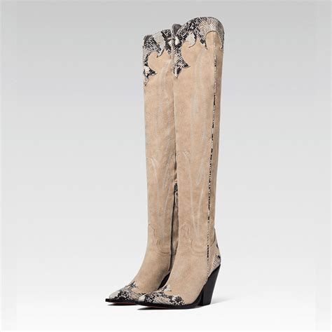 Nude Vegan Suede Pointy Toe Python Embossed Western Thigh High Boots