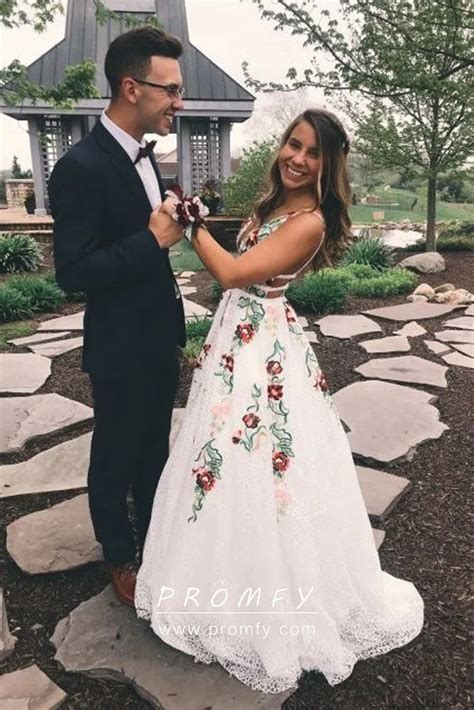 Embroidered Flowers White Lace Engagement Dress Promfy