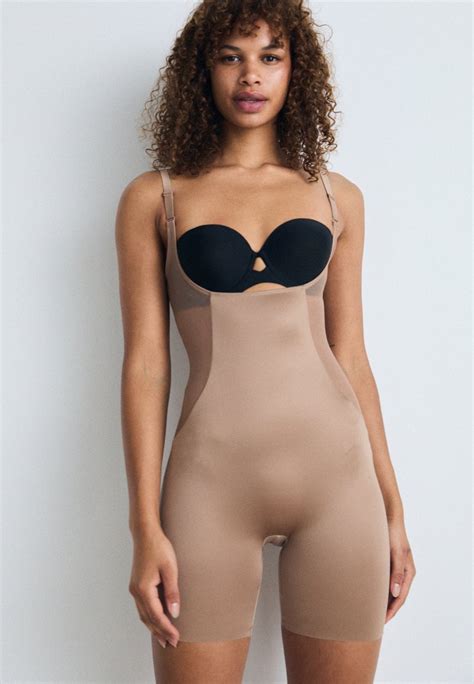 Spanx Shaping Open Bust Mid Thigh Shapewear Cafe Au Lait Taupe